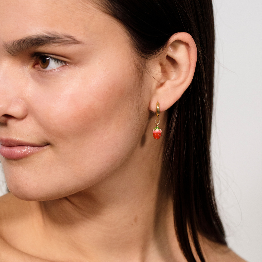 Maresme Hoop Earrings by Montserrat New York featuring strawberry enamel charm - Made in NYC
